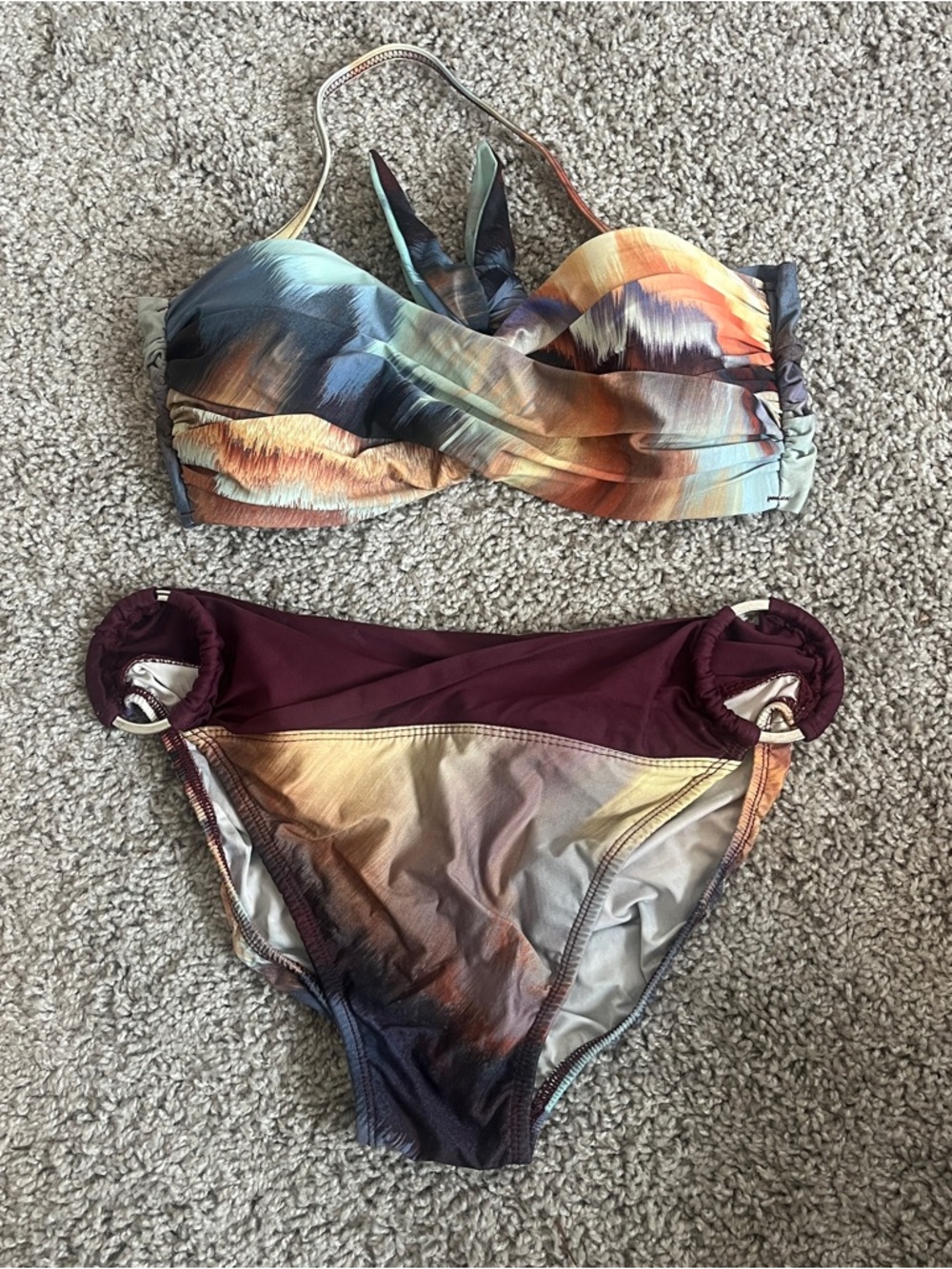 Tara Grinna Bikini Set Size 8 Abstract Print Tie Front Bandeau Vacation Resort